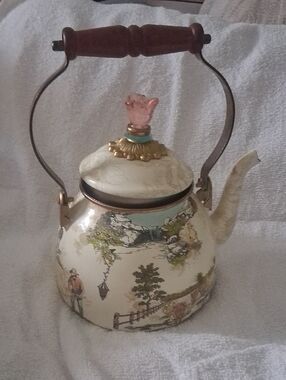 MacKenzie-Childs Cream and Gold Scenic Teapot with Pink Finial
